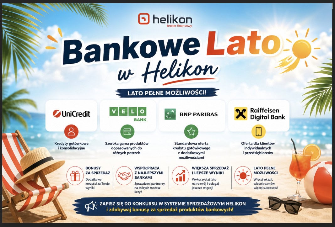 Bankowe Lato w Helikon – konkurs sprzedażowy dla Agentów Helikon z produktami UniCredit, VeloBank, BNP Paribas i Raiffeisen Digital Bank